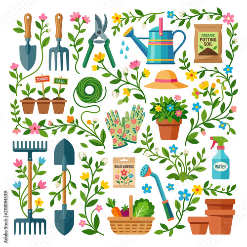 Gardening Tools and Flowers Arranged in a Floral Pattern