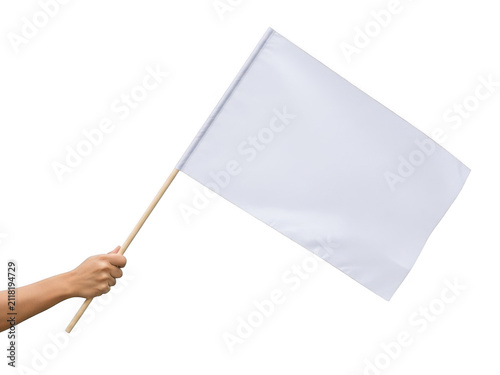A hand holding a blank white flag on a wooden stick isolated on transparent background