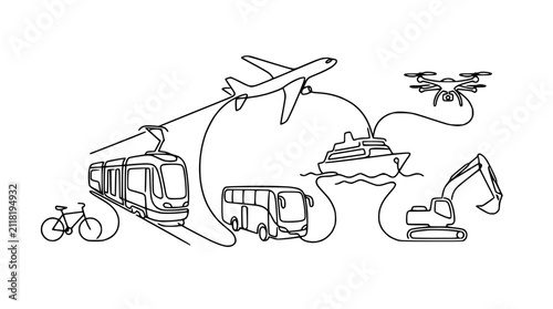 Continuous line drawing of diverse transportation modes connected in a network