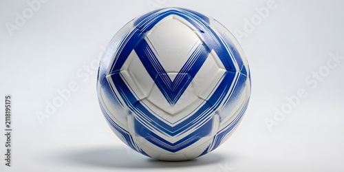 A white football with blue chevron patterns and hexagonal panels stands isolated on a neutral surface.