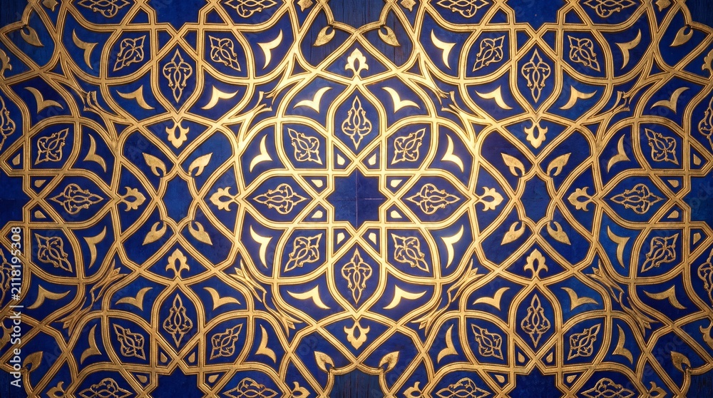 Fototapeta premium Intricate golden geometric pattern on a deep blue background inspired by traditional Islamic art.