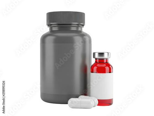 Black pill bottle with red vaccine vial and white medicine capsules isolated on transparent background