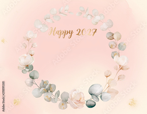 Watercolor botanical wreath with eucalyptus leaves and golden happy 2027 text on pale pink background botanical watercolor eucalyptus new year greeting seasonal invitation minimalist artistic