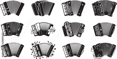 Foto Set of twelve black and white accordion musical instruments for folk music and p