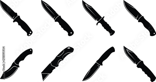 Set of black silhouette icons of tactical, hunting, and utility knives for outdoor and survival designWeb