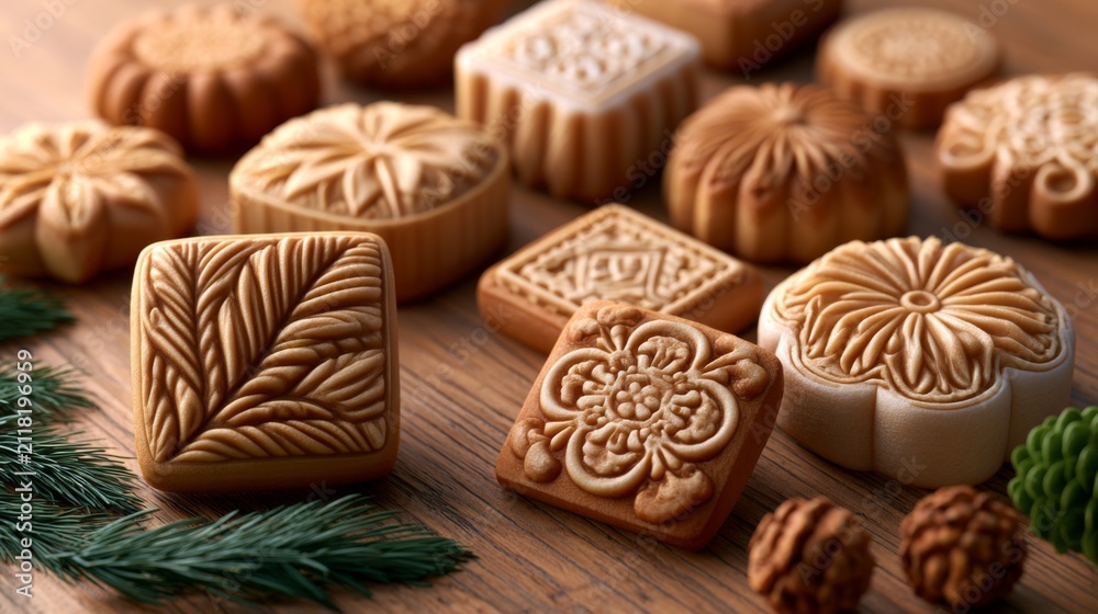 Fototapeta premium Intricately Designed Cookie Stamps and Decorative Cookies on a Wooden Surface in a Cozy Kitchen Setting