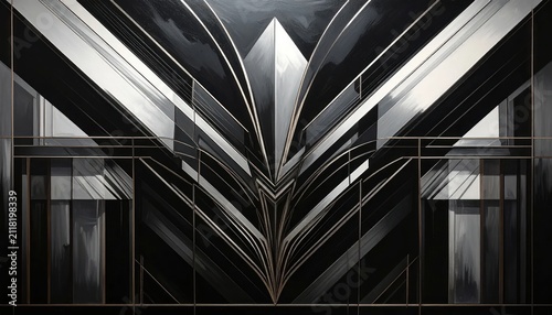 Abstract black and white art deco geometric architectural pattern.