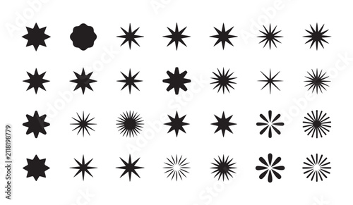Collection of various starburst and spark sparkle geometric shapes in black isolated on white background.