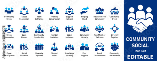 Community and Social Connection Icon Set for Teamwork, Partnership, Charity, Mutual Support, and Human Communication Design Projects