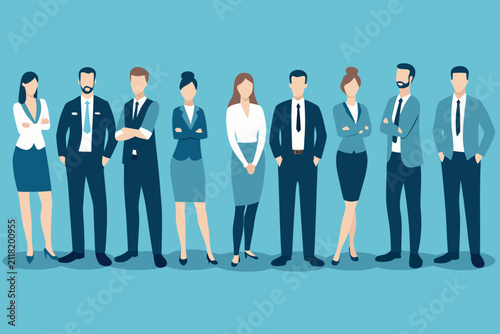 Bild auf Leinwand full body lineup of ten diverse business people in flat vector style team