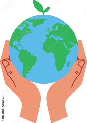 Art & IllustratioHands holding planet earth with a leaf. Eco friendly concept for global sustainability.n