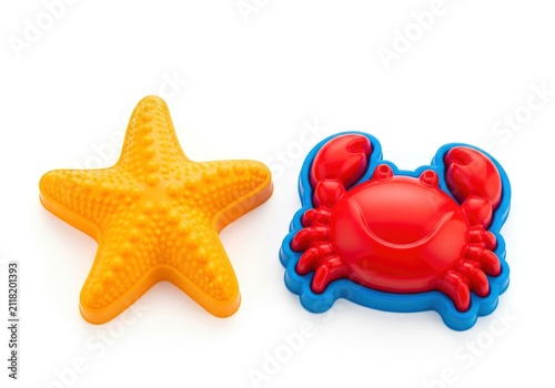 Colorful Beach Toys Starfish and Crab Isolated on White Background.