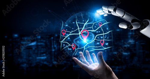 Фотография A smart AI assistant calculates the optimal delivery route using GPS navigation