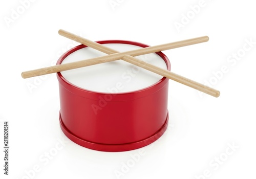 Red Drum with Drumsticks Isolated on White Background.