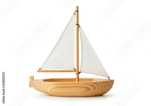 Wooden Toy Sailboat on White Background.