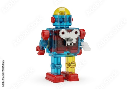 Colorful Transparent Robot Toy on White Background.