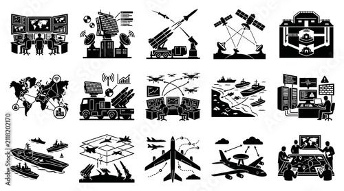Military Technology Glyph Icons Set: Defense Operations, Command, Surveillance, Warfare, and National Security