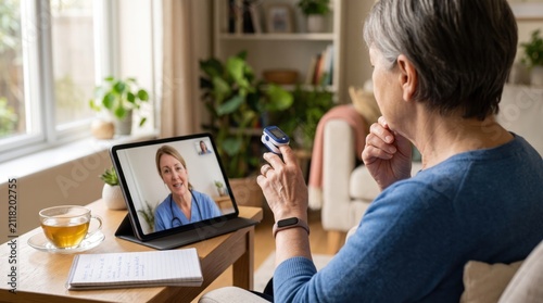 Senior Woman Having Telemedicine Video Consultation With Doctor Using Tablet At Home, Remote Healthcare Service For Elderly Patient Monitoring Health Vital Signs With Pulse