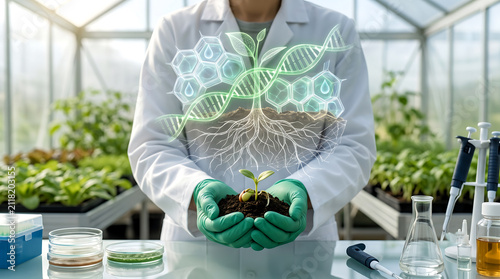 Scientist holding plant with DNA hologram. Agricultural researcher analyzing genetic data.