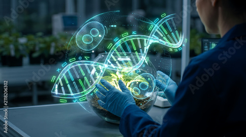 Scientist analyzing DNA hologram in lab. Biotech researcher using 3D digital interface.