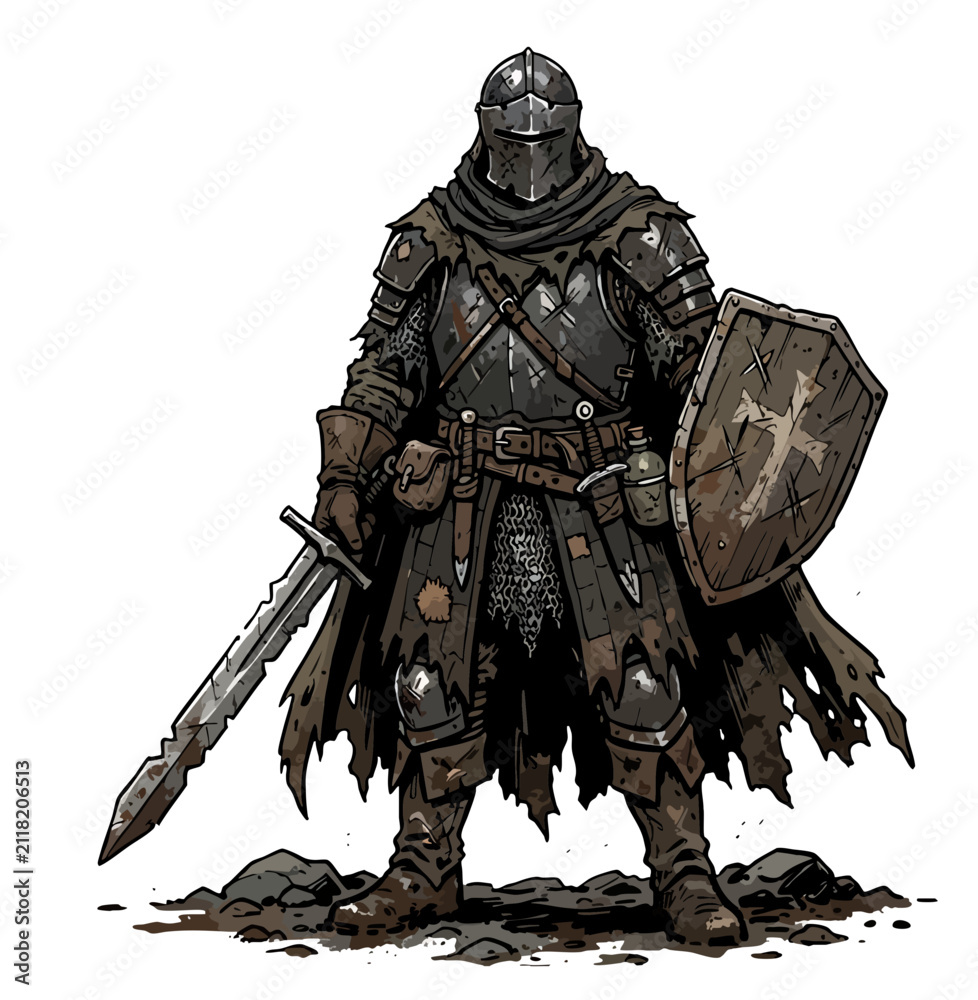 Obraz premium A soldier character in dirty, tattered clothing after battle.
