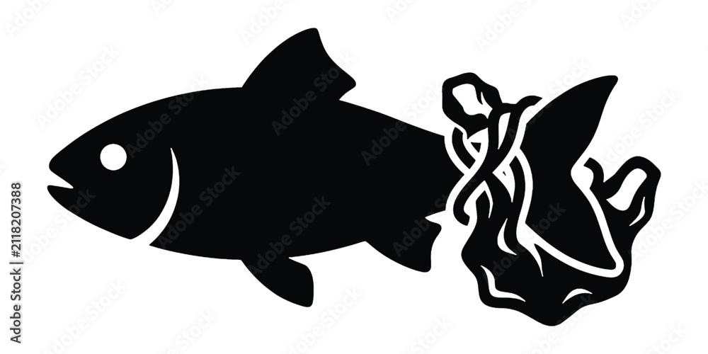 Fototapeta premium Black silhouette of a fish caught in a plastic bag in the ocean