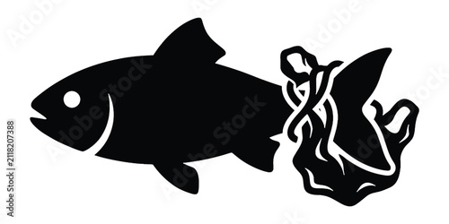 Konstfotografi Black silhouette of a fish caught in a plastic bag in the ocean