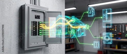 Electrical panel with 3D data visualization. Smart home energy monitoring system interface.