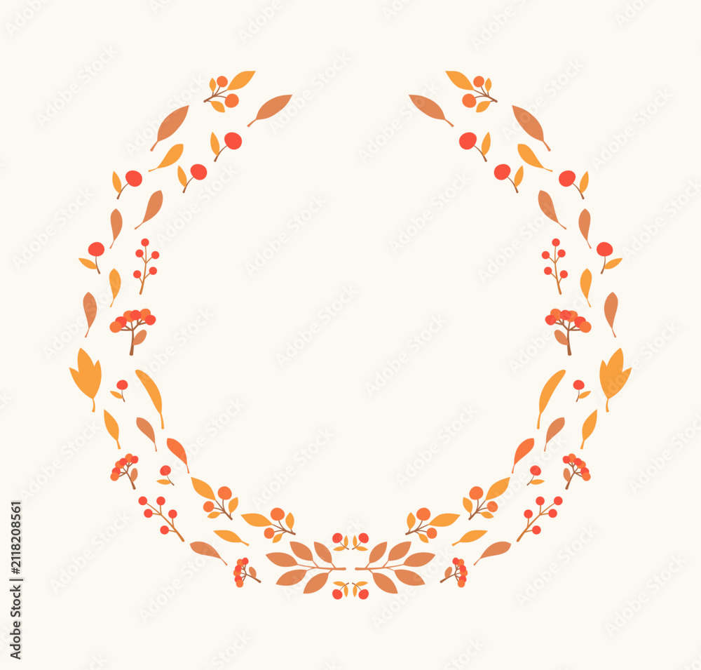 Obraz premium Elegant circular frame or wreath composed of various autumn leaves and berries, can be used as natural decorative border for greeting cards or invitations