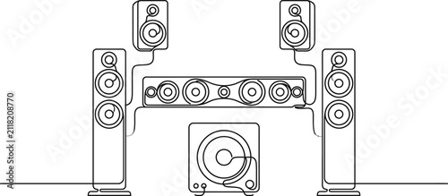 Bild auf Leinwand Continuous one line drawing of a home theater surround sound system setup