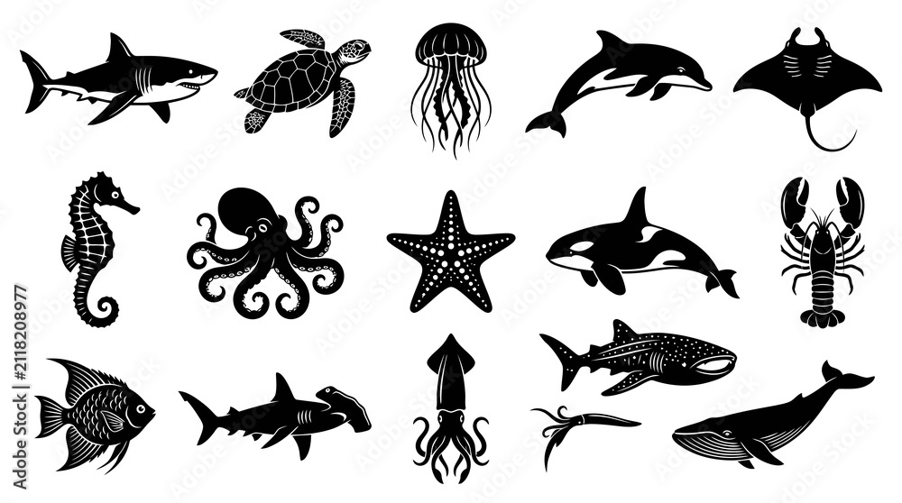 Obraz premium Black and White Vector Icons of Ocean Sea Marine Animals - Vector Stock