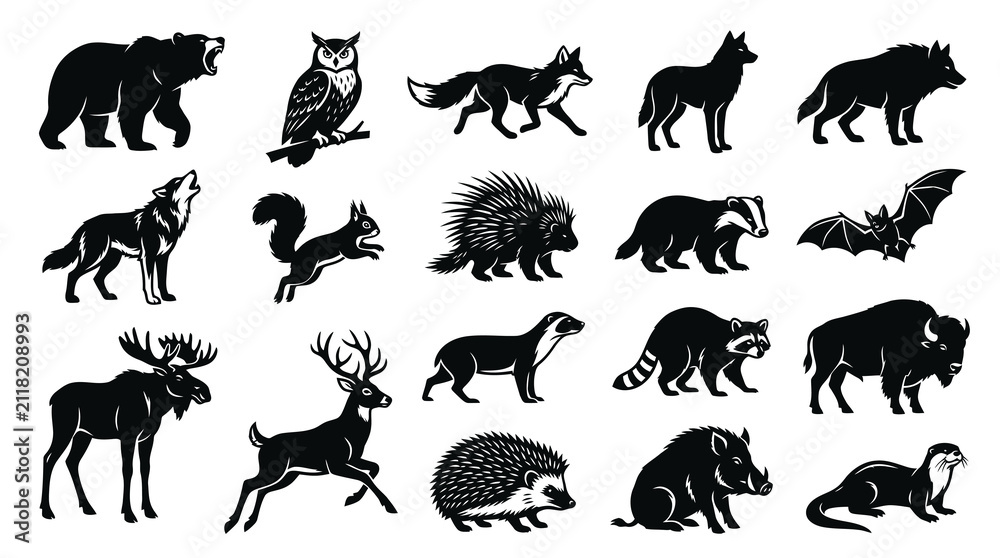 Fototapeta premium Black and White Silhouettes of Forest Animals Icons, Wildlife Vector Art