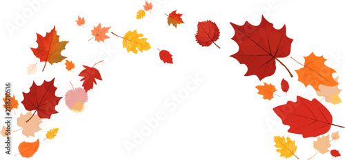 Autumn leaves border. Wave of falling leaves. Leaf fall . Autumn flying leaves . Watercolor leaves in the wind. Autumn leaves seamless border .