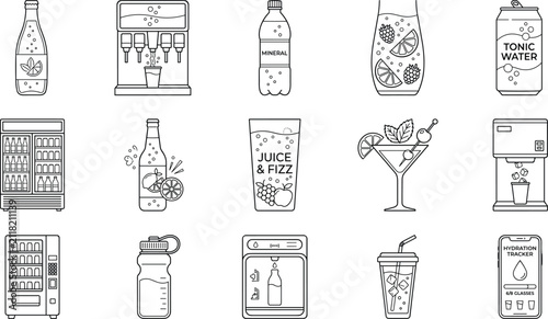Obraz na płótnie Beverage Dispensing and Hydration Line Icons Collection for Refreshment and Drin