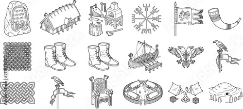 Viking Culture and Norse Heritage Line Icons Collection for History and Archaeology Projects