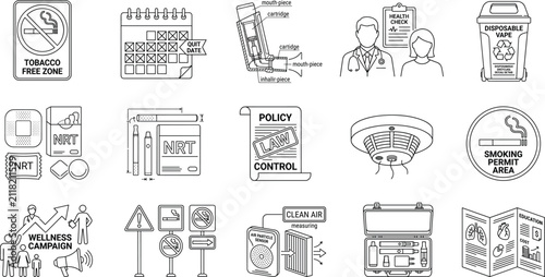 Obraz na płótnie Tobacco Control and Smoking Cessation Line Icons Collection for Public Health Ca