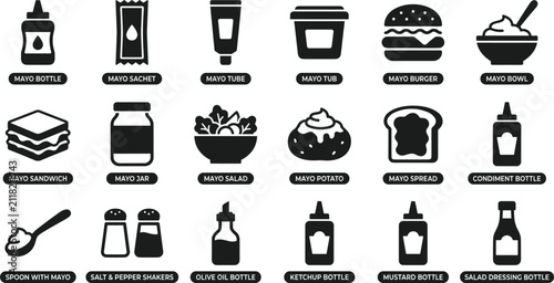 Foto Mayonnaise and condiments black glyph icon set featuring bottles jars sauces san