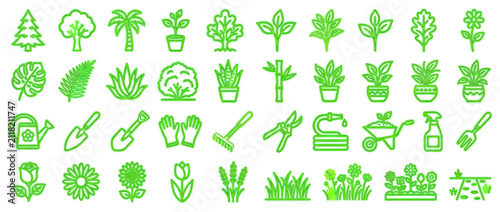 Fotografie Green Outline Icons of Plants and Gardening Tools