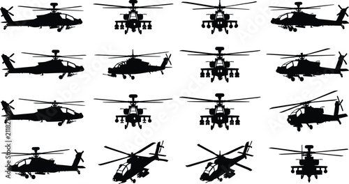 Obraz na plátne Military attack helicopter silhouettes showing various flight angles and weapon
