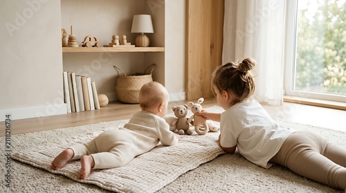 Two Little Children Playing Together With Small Plush Toys On A Soft Beige Play Mat In A Cozy Modern Living Room Interior