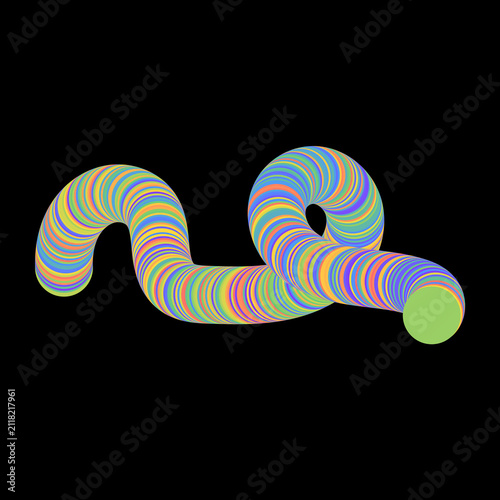 Colorful swirling tube with rainbow stripes on black background, abstract 3d shape
