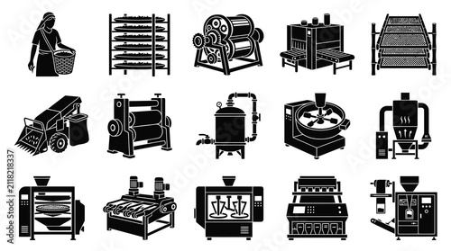 Food Processing Industrial Machinery Glyph Icons Set - Coffee and Cocoa Production Equipment