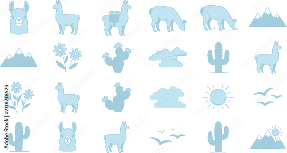 Obraz premium Llama icon set with desert elements. Cute alpaca vector collection for travel and nature design.