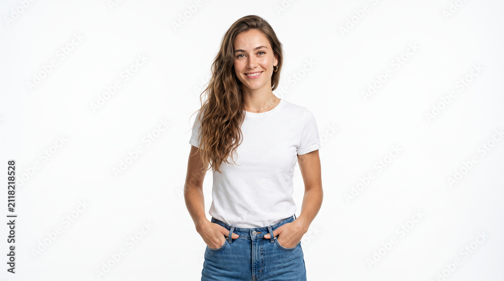Obraz premium Young Caucasian Female Model in Blank T-Shirt and Denim Jeans on White Studio Background