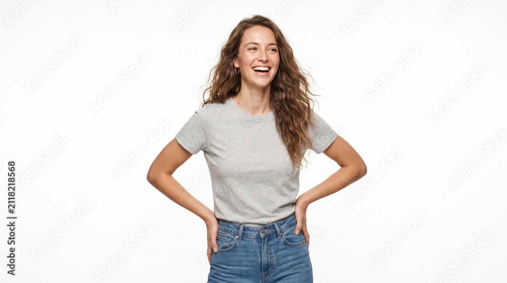 Obraz premium Young Caucasian Female Model in Blank T-Shirt and Denim Jeans on White Studio Background