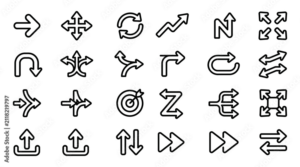 Fototapeta premium Set of directional arrows and navigation interface outline icons with navigation direction interface collection