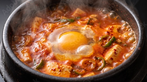 Kimchi Stew with Egg: A steaming bowl of bubbling kimchi stew, featuring soft tofu, chili flakes, and a perfectly cooked egg yolk, served in a traditional Korean stone pot, emitting an inviting aroma.