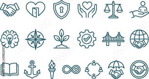 Ethics and corporate values icon set. Business integrity symbols for professional branding.