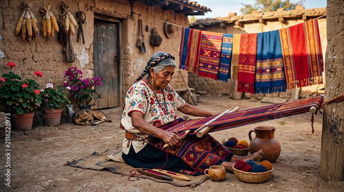 Mexican Textile Weaver Working a Traditional Backstrap Loom in a Colorful Oaxaca Village Courtyard, Retro Folk-Art Portrait