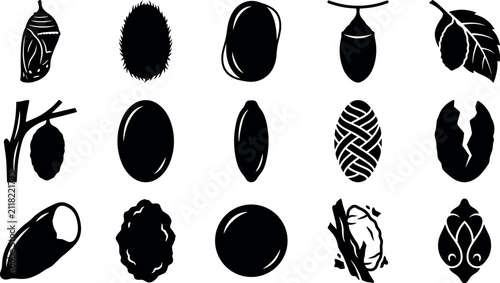 Fotografía Insect cocoon and chrysalis silhouette collection vector illustration set featuring butterfly pupa stages isolated on a white background